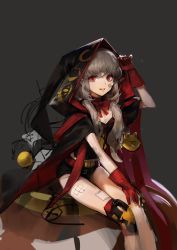 Rule 34 | 1girl, absurdres, artist request, bandaid, belt, black cloak, bow, bowtie, brown hair, clenched teeth, cloak, dungeon and fighter, gloves, grey background, highres, ikki the vikki, knee guards, looking at viewer, painting (medium), parted lips, red eyes, red gloves, second-party source, shorts, sitting, smile, solo, teeth, traditional media