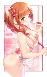 Rule 34 | 1girl, apron, ass, bare shoulders, blush, bow, breasts, brown hair, cleavage, closed mouth, collarbone, commentary request, hair bow, highres, idolmaster, idolmaster cinderella girls, igarashi kyoko, large breasts, looking at viewer, naked apron, natsu (nattiyann), ponytail, red bow, sauce, short hair, side ponytail, solo, white apron, yellow eyes