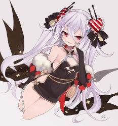 Rule 34 | 1girl, azur lane, bare shoulders, black bow, black dress, bow, breasts, bridal gauntlets, chain, china dress, chinese clothes, collarbone, commentary request, covered navel, cropped legs, dress, fang, grey background, hair between eyes, hair bow, hair ornament, heart, heart hair ornament, highres, long hair, parted lips, pink bow, red eyes, short dress, sidelocks, silver hair, simple background, sleeveless, sleeveless dress, small breasts, smile, solo, twintails, vampire (azur lane), vampire (the breath of spring) (azur lane), very long hair, yuko (uc yuk)
