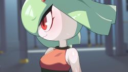 Rule 34 | 1girl, arms at sides, bare shoulders, black skirt, blurry, blurry background, blush, breasts, closed mouth, colored skin, creatures (company), drunkoak, female focus, game freak, gen 3 pokemon, green hair, happy, high-waist skirt, highres, indoors, kirlia, looking to the side, nintendo, pokemon, pokemon (creature), profile, red eyes, red shirt, shiny skin, shirt, short hair, sidelocks, skirt, sleeveless, sleeveless shirt, small breasts, smile, solo, standing, upper body, wavy mouth, white skin