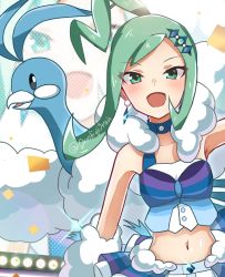 Rule 34 | 0roshioji3ran, 1girl, :d, ahoge, altaria, arm warmers, blush, choker, collarbone, confetti, creatures (company), earrings, eyelashes, game freak, gen 3 pokemon, glint, green eyes, green hair, hair ornament, hairpin, highres, idol, indoors, jewelry, lisia (pokemon), looking at viewer, navel, nintendo, open mouth, pokemon, pokemon (creature), pokemon oras, shiny skin, shirt, short hair with long locks, shorts, shorts under skirt, showgirl skirt, sidelocks, sleeveless, sleeveless shirt, smile, stage, tongue, twitter username
