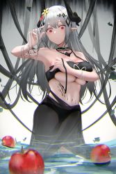 Rule 34 | 1girl, absurdres, apple, arknights, bare arms, bare shoulders, bikini, black bikini, black choker, breasts, choker, commentary request, flower, food, fruit, grey hair, hair flower, hair ornament, heimu (heim kstr), highres, horns, infection monitor (arknights), large breasts, long hair, looking at viewer, material growth, mudrock (arknights), mudrock (silent night) (arknights), navel, oripathy lesion (arknights), partial commentary, pointy ears, red eyes, sarong, solo, stomach, swimsuit, very long hair, wading, water, yellow flower