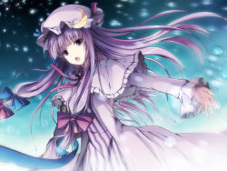 1girl 6u_(eternal_land) bad_id bad_pixiv_id blunt_bangs bow crescent female_focus hat kiyu long_hair md5_mismatch open_mouth outstretched_arms patchouli_knowledge pink_bow purple_eyes purple_hair ribbon solo spread_arms touhou