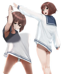 Rule 34 | 1girl, arm up, armpits, ass, blush, brown eyes, brown hair, commentary request, dress, dress shirt, gluteal fold, highres, kantai collection, long sleeves, looking at viewer, multiple views, open mouth, panties, pantyshot, sailor collar, shirt, short hair, short sleeves, simple background, smile, standing, tama (tamago), underwear, white background, white dress, white panties, yukikaze (kancolle)