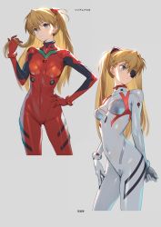 Rule 34 | 1girl, absurdres, blue eyes, bodysuit, closed mouth, cowboy shot, evangelion: 3.0+1.0 thrice upon a time, grey background, hair between eyes, twirling hair, hairpods, hand in own hair, hand on own hip, hand up, highres, interface headset, light brown hair, looking at viewer, multicolored bodysuit, multicolored clothes, multiple views, neon genesis evangelion, orange bodysuit, pilot suit, plugsuit, rebuild of evangelion, red bodysuit, scan, siino, simple background, skin tight, solo, souryuu asuka langley, standing