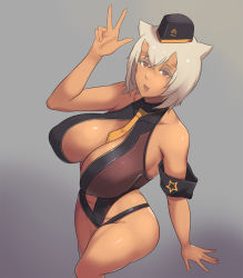 Rule 34 | 1girl, :p, animal ears, bad id, bad pixiv id, bare shoulders, blonde hair, breasts, cleavage, dark-skinned female, dark skin, destiny child, garrison cap, gradient background, grey background, hat, highres, large breasts, leg lift, looking at viewer, metal owl (aden12), mona (destiny child), navel, necktie, red eyes, short hair, solo, thighs, tongue, tongue out