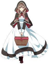 Rule 34 | 1girl, alternate costume, ao iro, apron, basket, blush, braid, breasts, brown eyes, brown footwear, brown hair, capelet, closed mouth, dress, enmaided, frills, full body, hair ribbon, holding, holding basket, hood, hood up, hooded capelet, kantai collection, long hair, long sleeves, looking at viewer, maid, medium breasts, ribbon, shinshuu maru (kancolle), simple background, solo, standing, twin braids, white apron, white background