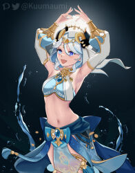 Rule 34 | 1girl, :d, absurdres, armpits, arms up, black background, blue eyes, blue hair, blue nails, blue skirt, blush, breasts, brooch, commentary, cosplay, cowboy shot, crop top, detached sleeves, fake horns, furina (genshin impact), genshin impact, hair between eyes, highres, horns, jewelry, kuumaumi, long sleeves, midriff, nail polish, navel, neck ring, nilou (genshin impact), nilou (genshin impact) (cosplay), open mouth, short hair, skirt, small breasts, smile, solo, standing, stomach, thighlet, veil