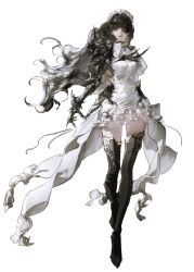 Rule 34 | 1girl, armor, black flower, black footwear, boots, breasts, brown hair, closed mouth, dress, flower, flower over eye, full body, highres, long hair, maid, maid headdress, medium breasts, original, simple background, solo, thigh boots, unfinished, vlfdus 0, white background, white dress