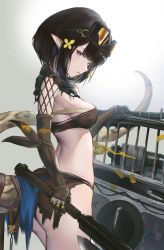 Rule 34 | 1girl, arknights, black hair, blue eyes, breasts, brown gloves, brown shorts, eunectes (arknights), gloves, goggles, goggles on head, highres, holding, looking at viewer, masai no senshi, medium breasts, parted lips, pointy ears, short hair, shorts, snake tail, tail, torn clothes