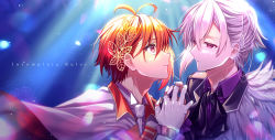 Rule 34 | 2boys, ahoge, bishounen, collared shirt, feathers, fingerless gloves, fur, gloves, hair ornament, highres, holding hands, idol, idolish7, kujou tenn, light particles, long sleeves, looking at another, male focus, multiple boys, nanase riku, necktie, profile, red eyes, red hair, saria-ryuuki, shirt, short hair, siblings, sparkle, twins, white feathers, white hair, white shirt