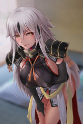 Rule 34 | 1girl, absurdres, armor, black gloves, black hair, blush, breast hold, breasts, covered erect nipples, dikko, elbow gloves, fate/grand order, fate (series), gloves, highres, japanese armor, koha-ace, large breasts, leaning forward, lips, long hair, looking at viewer, multicolored hair, nagao kagetora (fate), no pants, shoulder armor, smile, solo, streaked hair, two-tone hair, white hair, yellow eyes