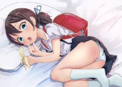 Rule 34 | 1girl, absurdres, aqua eyes, ass, backpack, bag, banana, bed, bed sheet, blue ribbon, blue skirt, blush, brown hair, collared shirt, finger to mouth, food, fruit, hair between eyes, hair ribbon, highres, holding, holding food, holding fruit, looking at viewer, lying, no shoes, on bed, on side, open mouth, original, panties, pillow, pleated skirt, ponytail, raised eyebrows, randoseru, ribbon, school uniform, sexually suggestive, shirt, short hair, short sleeves, skirt, socks, solo, sparkling eyes, suspender skirt, suspenders, thighs, tongue, tongue out, underwear, upskirt, white panties, white shirt, white socks, yappariga