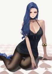 Rule 34 | 1girl, absurdres, bare shoulders, black pantyhose, blue footwear, blue hair, bracelet, breasts, brown eyes, choker, cleavage, collar, dress, hara kenshi, high heels, highres, jewelry, large breasts, lipstick, looking at viewer, makeup, necklace, original, pantyhose, pumps, seiza, shoes, sitting, solo, spade (shape)
