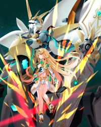 Rule 34 | 1girl, bare shoulders, blonde hair, breasts, cleavage, dress, earrings, elbow gloves, gem, giant, gloves, hair ornament, hand on own hip, headpiece, highres, jewelry, large breasts, long hair, mecha, mythra (xenoblade), nintendo, raynartfr, robot, siren (xenoblade), sky, standing, star (sky), starry sky, swept bangs, tiara, very long hair, white dress, xenoblade chronicles (series), xenoblade chronicles 2, yellow eyes