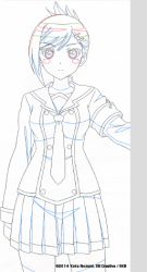 Rule 34 | 10s, 1girl, blush, commentary, confused, copyright name, dress, folded ponytail, hair ornament, hairpin, inou-battle wa nichijou-kei no naka de, key frame, kudou mirei, lowres, monochrome, necktie, official art, partially colored, pleated skirt, production art, production note, sailor dress, school uniform, serafuku, simple background, sketch, skirt, solo, spot color, thighhighs, trigger (company), uniform, white background