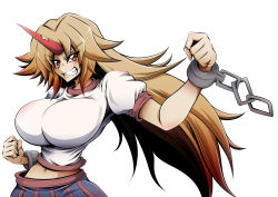 Rule 34 | 1girl, breasts, brown eyes, brown hair, clenched hand, clenched teeth, commentary request, hand up, hidefu kitayan, highres, horns, hoshiguma yuugi, large breasts, long hair, looking at viewer, oni horns, smile, solo, teeth, touhou, white background