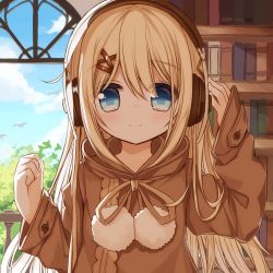 Rule 34 | 1girl, blonde hair, blue eyes, blue sky, blush, book, bookshelf, brown ribbon, brown robe, closed mouth, cloud, commentary request, day, hair between eyes, hair ornament, hairclip, hand on headphones, hands up, hood, hood down, hooded robe, indoors, long hair, long sleeves, looking at viewer, original, pom pom (clothes), ribbon, robe, sky, sleeves past wrists, smile, solo, very long hair, x hair ornament, yuuhagi (amaretto-no-natsu)