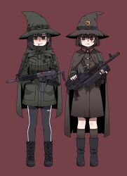 Rule 34 | 2girls, assault rifle, belt, black eyes, black footwear, black hair, boots, breast pocket, brown belt, brown cape, brown headwear, brown jacket, buttons, cape, closed mouth, commentary, contemporary, cross-laced footwear, daewoo k1, english commentary, fang, fang out, fila, fingerless gloves, full body, gloves, green belt, green cape, green headwear, green jacket, green shirt, gun, gun sling, hands in pockets, hat, hat belt, highres, jacket, kalashnikov rifle, karepack, kneehighs, lace-up boots, long sleeves, looking at viewer, messy hair, military, military jacket, military rank insignia, military uniform, multiple girls, north korea, original, pants, pocket, pointy ears, red cape, red eyes, republic of korea army, rifle, ringed eyes, shirt, short hair, sidelocks, simple background, slit pupils, socks, soldier, standing, straight-on, track pants, type 88 (assault rifle), uniform, weapon, witch, witch hat