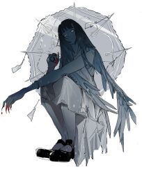 Rule 34 | 1girl, black footwear, black hair, blood, blood on hands, blunt bangs, bracelet, closed mouth, colored skin, commentary request, corvus on pallas, dress, feathered wings, fingernails, full body, highres, holding, jewelry, long fingernails, long hair, looking at viewer, multiple wings, original, red nails, shade, shoes, simple background, sitting, sketch, solo, squatting, umbrella, white background, white dress, wings