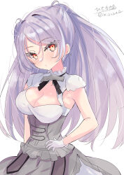 Rule 34 | 1girl, absurdres, armpit cutout, blush, breasts, brown eyes, cleavage, cleavage cutout, clothing cutout, conte di cavour (kancolle), conte di cavour nuovo (kancolle), corset, cowboy shot, dress, frilled dress, frills, gloves, grey dress, grey hair, highres, hizaka, kantai collection, large breasts, layered dress, long hair, looking at viewer, signature, simple background, smile, solo, twitter username, two-tone dress, two side up, white background, white dress, white gloves