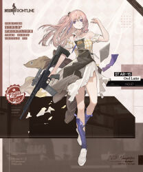 Rule 34 | 1girl, apron, ar-15, assault rifle, blue eyes, blue necktie, blue socks, brown background, brown jacket, carbine, character name, clipboard, commentary, copyright name, english commentary, english text, expressionless, full body, girls&#039; frontline, green apron, gun, hair ornament, hand up, highres, holding, holding gun, holding weapon, jacket, kneehighs, light brown hair, long hair, long skirt, looking at viewer, multicolored background, multicolored hair, necktie, official alternate costume, official art, one side up, parted lips, pen, plaid, plaid shirt, promotional art, rifle, second-party source, shirt, shoes, short necktie, short sleeves, simple background, skirt, socks, solo, st ar-15 (girls&#039; frontline), st ar-15 (owl latte) (girls&#039; frontline), standing, streaked hair, torn apron, torn clothes, torn jacket, torn necktie, torn shirt, torn skirt, torn socks, trigger discipline, umo (mica team), unworn jacket, waitress, weapon, white background, white footwear, white shirt, white skirt