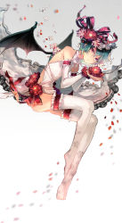 Rule 34 | 1girl, alternate costume, backless outfit, bare shoulders, bat wings, blurry, bridal gauntlets, depth of field, dress, flower, flower on head, hair flower, hair ornament, highres, light purple hair, long legs, looking at viewer, nozaki tsubata, parted lips, petals, red eyes, remilia scarlet, short hair, skinny, snowflake print, solo, thighhighs, touhou, tsurime, white dress, white thighhighs, wings