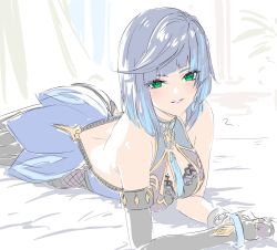 Rule 34 | 1girl, ass, bare shoulders, black gloves, blue hair, breasts, chinese clothes, elbow gloves, eyebrows hidden by hair, fishnets, genshin impact, gloves, green eyes, highres, looking at viewer, lying, mitsugu, mole, mole on breast, off shoulder, open mouth, short hair, smile, solo, yelan (genshin impact)