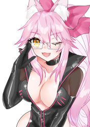Rule 34 | 1girl, absurdres, animal ear fluff, animal ears, black bodysuit, blush, bodysuit, bow, breasts, center opening, choker, cleavage, fang, fate/grand order, fate (series), fox ears, fox girl, glasses, hair between eyes, hair bow, highres, hip vent, koyanskaya (assassin) (first ascension) (fate), koyanskaya (fate), large breasts, long hair, looking at viewer, naonaoko, one eye closed, open mouth, pink bow, pink hair, ponytail, sidelocks, smile, solo, tamamo (fate), yellow eyes
