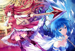 10s 2girls bad_id bad_pixiv_id black_legwear blue_eyes blue_hair boots highres long_hair magical_girl mahou_shoujo_madoka_magica mahou_shoujo_madoka_magica_(anime) miki_sayaka miki_sayaka_(magical_girl) multiple_girls pico_(picollector79) polearm ponytail red_eyes red_hair sakura_kyoko sakura_kyoko_(magical_girl) short_hair spear thighhighs weapon zettai_ryouiki