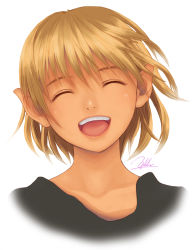 Rule 34 | 1girl, bad id, bad pixiv id, blonde hair, closed eyes, female focus, happy, open mouth, original, pointy ears, short hair, signature, smile, solo, upper body, white background, yukihiro