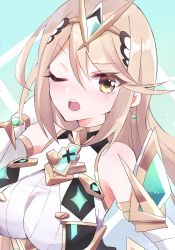 Rule 34 | 1girl, armor, artist request, bare shoulders, blonde hair, blush, breasts, close-up, covered navel, elbow gloves, gem, gloves, green background, hair ornament, headpiece, highres, jewelry, large breasts, leggings, long hair, looking at viewer, mythra (xenoblade), nintendo, one eye closed, open mouth, smile, solo, sparkle, super smash bros., swept bangs, tiara, very long hair, white background, xenoblade chronicles (series), xenoblade chronicles 2, yellow eyes