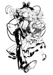 Rule 34 | 2girls, bad id, bad twitter id, bangle, blush, bow, bowtie, bracelet, braid, cane, coat, commentary request, floral print, full body, gotou (nekocat), greyscale, grin, hair ornament, hair ribbon, hand up, hat, heart, heart hair ornament, high heels, highres, holding, holding cane, jewelry, komeiji satori, leg up, looking at viewer, monochrome, moriya suwako, multiple girls, nail polish, open clothes, open coat, pants, ribbon, shoes, short hair, simple background, smile, suspenders, thighs, third eye, touhou, uneven eyes, white background