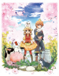 Rule 34 | 1boy, 1girl, animal, animal hug, animal on head, bamboo shoot, bird, bokujou monogatari, boots, bottle, brown hair, cat, cherry blossoms, chick, chicken, cloud, cow, cross-laced footwear, dog, dress, fang, farm, flower, happy, harvest moon, head scarf, highres, holding, knee boots, lace-up boots, looking at viewer, milk bottle, mouth hold, on head, open mouth, pantyhose, plaid, plaid dress, puffy short sleeves, puffy sleeves, red pantyhose, rooster, sato (bokujou monogatari), short hair, short sleeves, shorts, skirt hold, sky, smile, tree, turnip, vest, yuuri (bokujou monogatari)