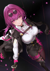 Rule 34 | 1girl, absurdres, black footwear, black jacket, black shorts, boots, breasts, chest harness, closed mouth, collared shirt, eyewear on head, glasses, gloves, hair between eyes, harness, high-waist shorts, highres, holding, holding sword, holding weapon, honkai: star rail, honkai (series), jacket, kafka (honkai: star rail), large breasts, long hair, long sleeves, looking at viewer, pantyhose, pantyhose under shorts, pince-nez, purple eyes, purple gloves, purple hair, purple pantyhose, round eyewear, shirt, shorts, sidelocks, single thigh boot, smile, solo, sunglasses, sunkilow, sword, thigh boots, weapon