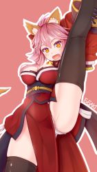 Rule 34 | 1girl, animal ear fluff, animal ears, animal hands, armpits, artist request, bell, black legwear, breasts, cat paws, cleavage, collar, fang, fangs, fate/grand order, fate (series), flexible, fox ears, fox girl, fox tail, gloves, gymnastics, hair ribbon, highres, japanese clothes, jingle bell, kimono, large breasts, leg up, long hair, looking at viewer, neck bell, open mouth, panties, paw gloves, pink hair, ponytail, red kimono, red ribbon, ribbon, solo, split, standing, standing on one leg, standing split, tail, tamamo (fate), tamamo cat (fate), tamamo cat (first ascension) (fate), underwear, white panties, yellow eyes
