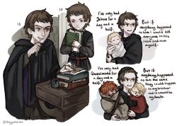 3boys age_progression aged_down baby black_robe blonde_hair book book_stack brown_eyes brown_hair brushing_teeth carrying carrying_person claude_frollo commentary english_text highres i&#039;ve_only_had_arlo_for_a_day_and_a_half_(meme) ink jehan_frollo kingjoshua meme multiple_boys onesie orange_hair quasimodo robe short_hair the_hunchback_of_notre_dame twitter_username