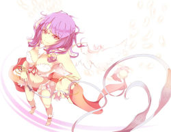 Rule 34 | 1girl, bangle, barefoot, bikini, bow, bracelet, breasts, cleavage, closed mouth, commentary, english commentary, feathered wings, from above, full body, holding, holding whip, jewelry, large bow, long hair, looking at viewer, medium breasts, midriff, mismatched bikini, navel, pink eyes, purple hair, ragnarok online, red bikini, red bow, smile, solo, swimsuit, tenmuki, wanderer (ragnarok online), white bikini, white wings, wings