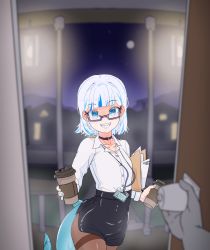 Rule 34 | 1girl, alternate hair length, alternate hairstyle, black choker, black skirt, blue eyes, blue hair, brown pantyhose, choker, collared shirt, contrapposto, doorway, dress shirt, fins, fish tail, gawr gura, glasses, grin, highres, hololive, hololive english, id card, lanyard, looking at viewer, miniskirt, moral cacoethes, multicolored hair, office lady, paid reward available, pantyhose, pencil skirt, pov, pov doorway, pov hands, semi-rimless eyewear, shark girl, shark tail, sharp teeth, shirt, short hair, side slit, skirt, smile, solo focus, streaked hair, tail, teeth, thighband pantyhose, virtual youtuber, white hair, white shirt