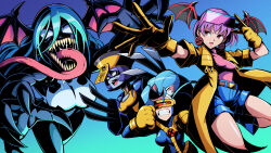 4girls absurdres animal_ears blue_background blue_bodysuit blue_hair bodysuit breasts cat_ears cat_girl cosplay cyclops_(x-men) cyclops_(x-men)_(cosplay) darkstalkers felicia_(darkstalkers) green_eyes head_wings highres hsien-ko lilith_(darkstalkers) long_tongue marvel marvel_vs._capcom marvel_vs._capcom_2 morrigan_aensland multiple_girls pechamaju purple_hair sharp_teeth spider-man_(series) teeth tongue venom_(marvel) venom_(marvel)_(cosplay) wings wolverine_(x-men) wolverine_(x-men)_(cosplay) x-men