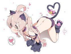 Rule 34 | 1girl, ahoge, all fours, animal ears, animal hands, bell, butt crack, cat ears, cat lingerie, cat paws, cat tail, choker, commentary request, heart, heart tail, highres, implied tail plug, long hair, meme attire, nekono matatabi, onii-chan wa oshimai!, oyama mahiro, ribbon, solo, tail, tail bell, tail ornament, tail ribbon, twintails, white background