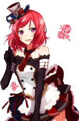 Rule 34 | 10s, 1girl, armband, black gloves, cafe maid (love live!), checkered clothes, checkered skirt, detached collar, elbow gloves, gloves, hat, jianmo sl, love live!, love live! school idol festival, love live! school idol project, musical note, necktie, nishikino maki, purple eyes, red hair, short hair, simple background, skirt, solo, treble clef, white background