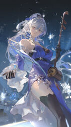 Rule 34 | 1girl, absurdres, armpits, bare shoulders, belt, black belt, black gloves, blue dress, breasts, closed mouth, crescent, crescent pin, dark background, detached sleeves, dress, flower ornament, gloves, hair between eyes, hair ribbon, high ponytail, highres, holding, holding instrument, honkai: star rail, honkai (series), instrument, jingliu (honkai: star rail), knee up, long hair, looking at viewer, moon (ornament), official alternate costume, red eyes, ribbon, shule de yu, sideboob, sidelocks, snowflakes, thighhighs, thighs, white hair