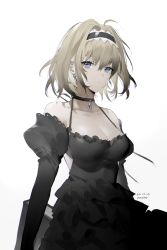 Rule 34 | ahoge, alice margatroid, alternate costume, artist name, bare shoulders, black choker, black dress, blue eyes, book, breasts, brown hair, choker, cleavage, closed mouth, collarbone, cowboy shot, dated, detached sleeves, dress, earrings, expressionless, gem, hairband, highres, holding, holding book, jewelry, layered dress, long sleeves, looking at viewer, medium breasts, meng ziya, pale skin, blue gemstone, short hair, simple background, touhou, two-tone hairband, white background