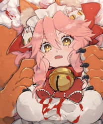 Rule 34 | animal ear fluff, animal ears, animal hands, apron, bell, blush, breasts, cat paws, collar, commentary, commentary request, fangs, fate/grand order, fate (series), fox ears, fox girl, gloves, hair ribbon, highres, jingle bell, jiru misosiru, ketchup, ketchup bottle, large breasts, long hair, naked apron, neck bell, paw gloves, pink hair, ponytail, red ribbon, ribbon, solo, tamamo (fate), tamamo cat (fate), tamamo cat (third ascension) (fate), white apron, yellow eyes