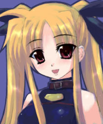 Rule 34 | 00s, 1girl, blonde hair, blush, close-up, fate testarossa, female focus, hair ribbon, long hair, lyrical nanoha, mahou shoujo lyrical nanoha, mahou shoujo lyrical nanoha a&#039;s, open mouth, red eyes, ribbon, simple background, smile, solo, strap, turtleneck, twintails
