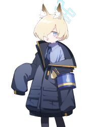 Rule 34 | 1girl, absurdres, aged down, alternate breast size, animal ear fluff, animal ears, black jacket, black necktie, black pantyhose, blonde hair, blue archive, blue eyes, blue halo, blue shirt, collared shirt, extra ears, flat chest, hair over one eye, halo, highres, honi (honi1010), jacket, kanna (blue archive), kanna (young) (blue archive), looking at viewer, necktie, open mouth, oversized clothes, pantyhose, sharp teeth, shirt, short hair, simple background, sleeves past fingers, sleeves past wrists, solo, teeth, white background