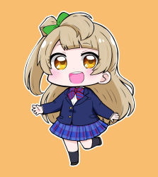 Rule 34 | 1girl, :d, black footwear, black socks, blazer, blue jacket, blue skirt, blush, bow, brown hair, chibi, collared shirt, commentary request, diagonal-striped bow, dress shirt, green bow, hair bow, highres, jacket, kneehighs, long hair, long sleeves, love live!, love live! school idol project, minami kotori, nozo (hitomiz), one side up, open mouth, orange background, orange eyes, outline, plaid, plaid skirt, pleated skirt, round teeth, school uniform, shirt, shoes, simple background, skirt, smile, socks, solo, standing, standing on one leg, teeth, upper teeth only, very long hair, white outline, white shirt