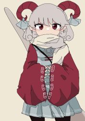 Rule 34 | 1girl, black pantyhose, blue dress, covered mouth, dress, earrings, eyes visible through hair, grey hair, grey ribbon, grey scarf, hair between eyes, hands up, highres, horns, iroha-kuro, jewelry, long sleeves, pantyhose, pointy ears, red eyes, ribbon, scarf, short hair, simple background, solo, spoon, standing, touhou, toutetsu yuuma, weapon, white scarf, wide sleeves, yellow background