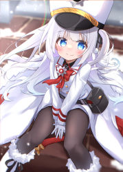 Rule 34 | 1girl, absurdres, belt pouch, black ribbon, blue archive, blue eyes, blurry, blurry background, blush, boots, cherino (blue archive), coat, feet out of frame, fur-trimmed boots, fur trim, gloves, hair ornament, hair ribbon, hat, highres, long hair, long sleeves, looking at viewer, military, military hat, military uniform, pantyhose, pom pom (clothes), pom pom hair ornament, pouch, ribbon, shako cap, sitting, smile, snowing, two side up, uniform, utyuueituu, v arms, white coat, white footwear, white gloves, white hair, white headwear